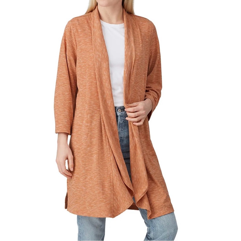B Collection by Bobeau Ellen Waterfall Ribbed Cardi Orange Ribbed Medium